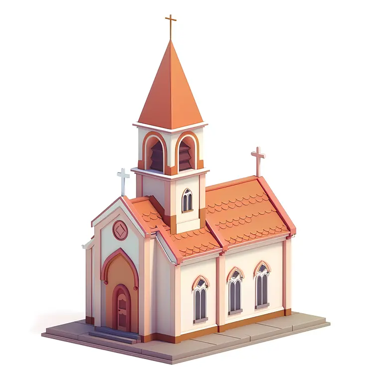 Orange Roof Church with Steeple and Cross