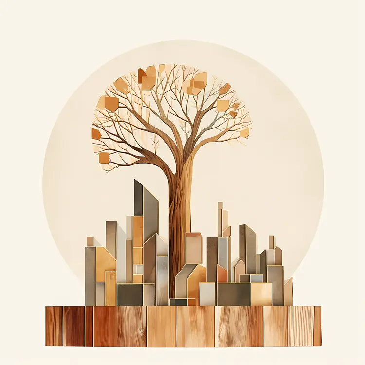 Abstract Tree with Wooden Blocks and Geometric Shapes