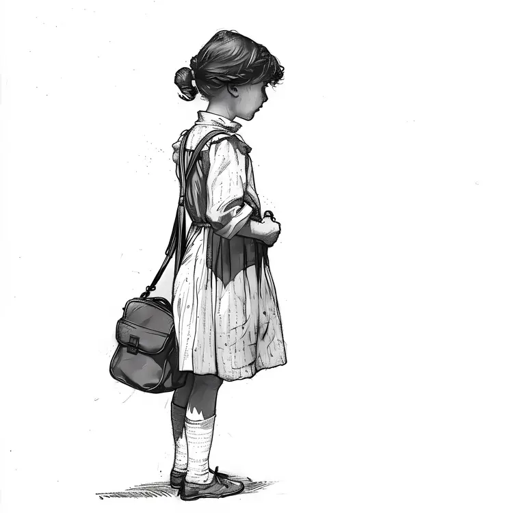 Little Girl with Backpack in Vintage Dress