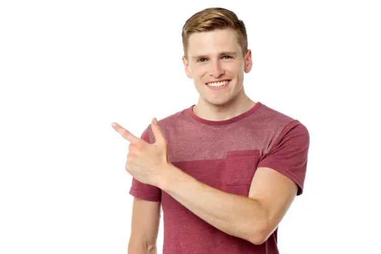 Casual Man Pointing in Red Shirt