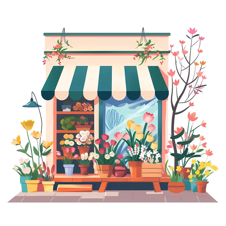Flower Shop with Green and White Awning