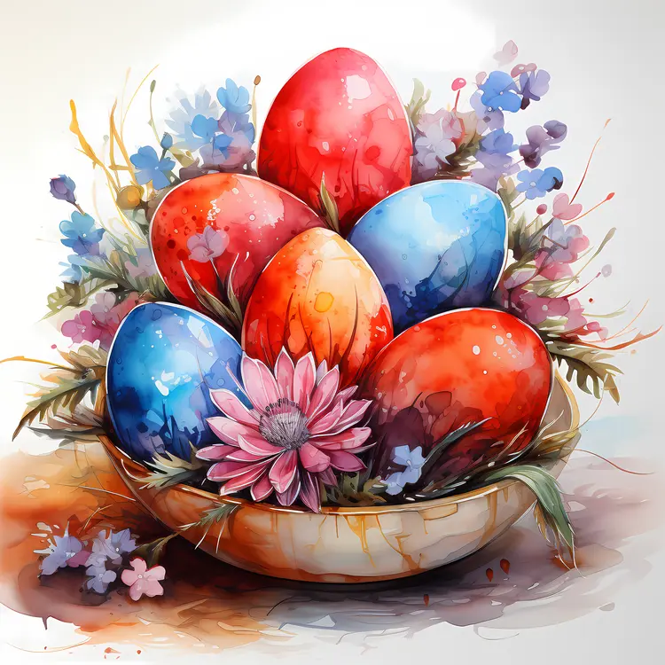 Colorful Easter Eggs in Nest with Flowers