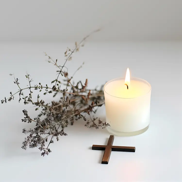 White Candle with Cross and Dried Flowers