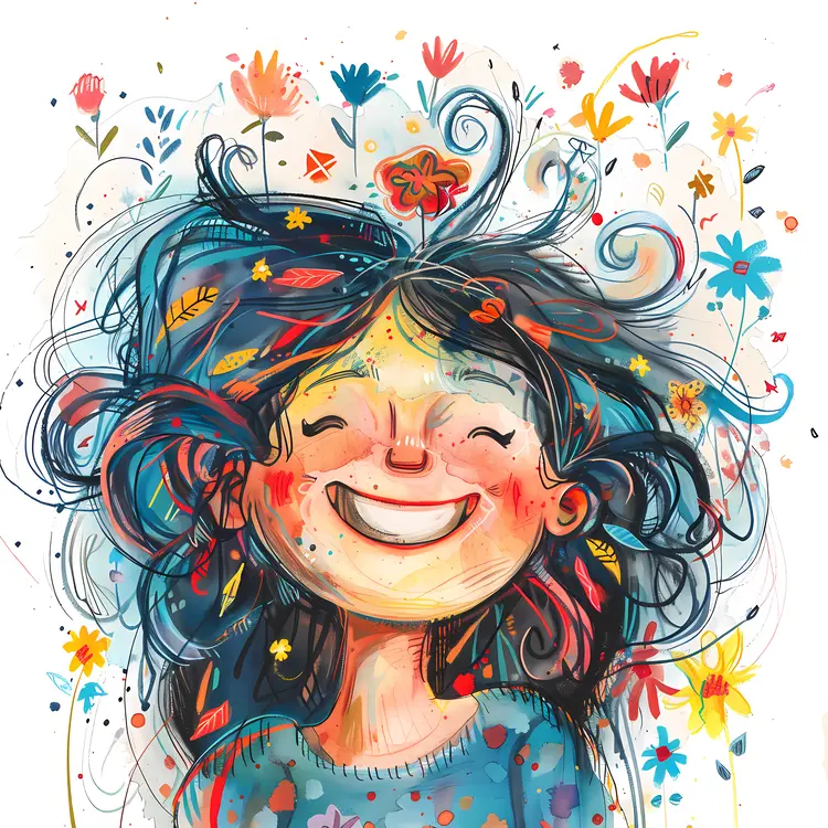 Happy Girl with Colorful Flowers and Smiling Face