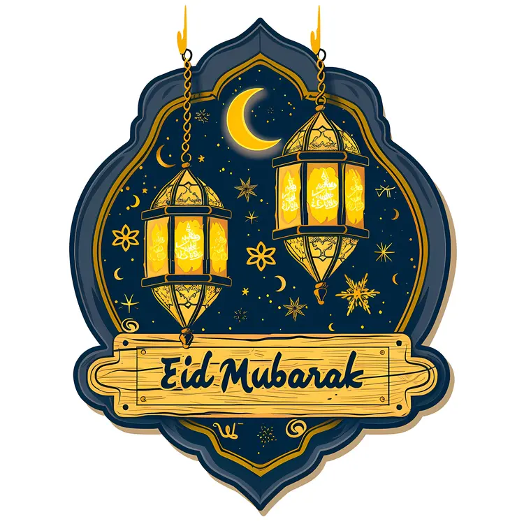 Eid Mubarak Sign with Lanterns and Night Sky