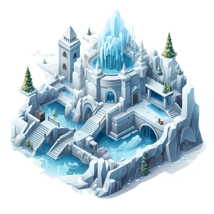 Frozen Ice Fortress with Waterfalls