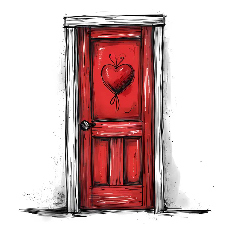 Hand-drawn Red Door with Heart Design