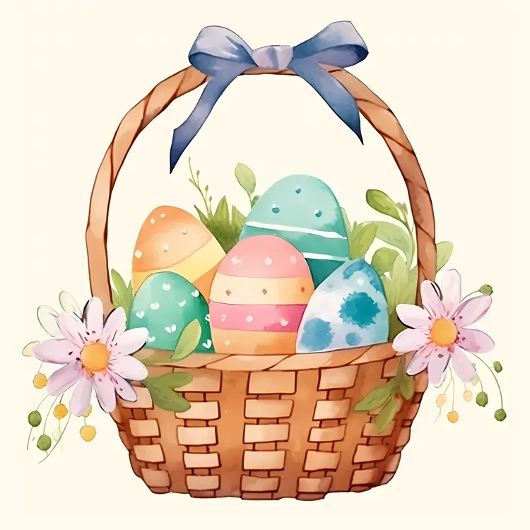Colorful Easter Basket with Eggs and Flowers