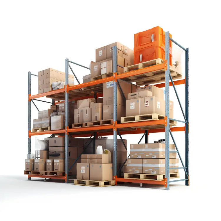 Warehouse Shelves with Boxes and Pallets