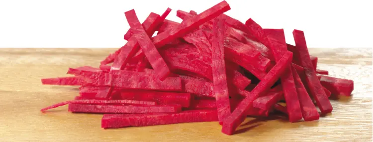 Julienned Red Beetroot on Cutting Board