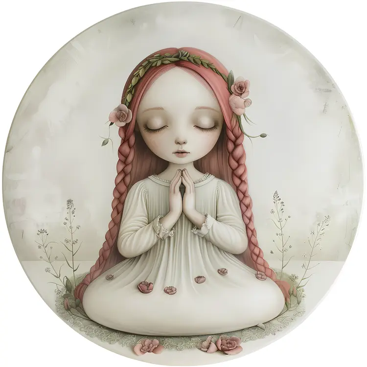 Praying Girl with Braided Hair and Floral Crown