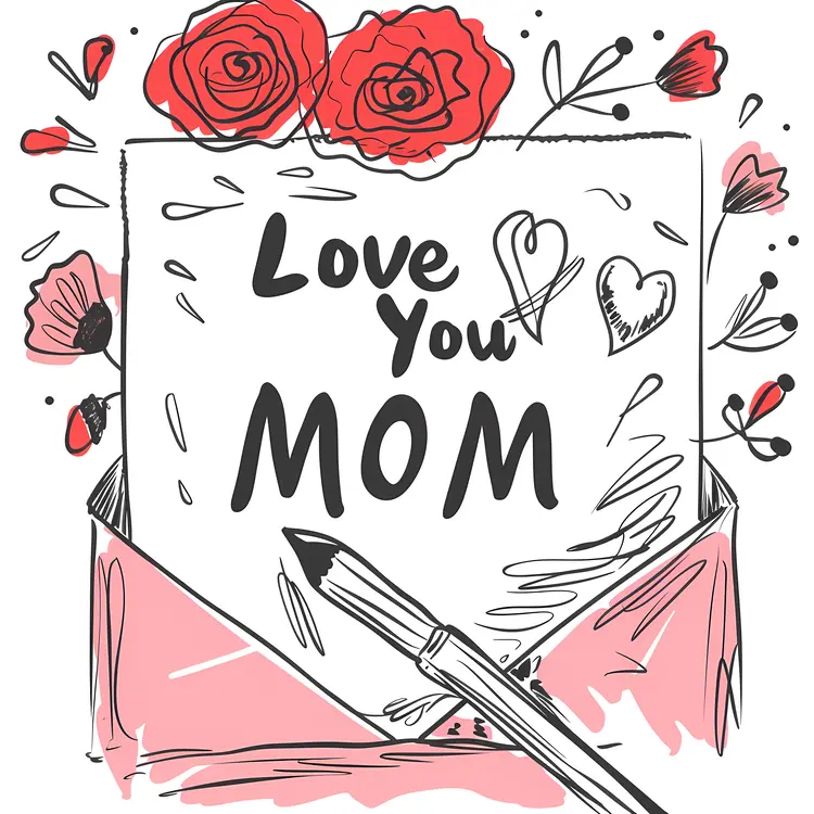 Love You Mom Greeting Card with Envelope and Flowers