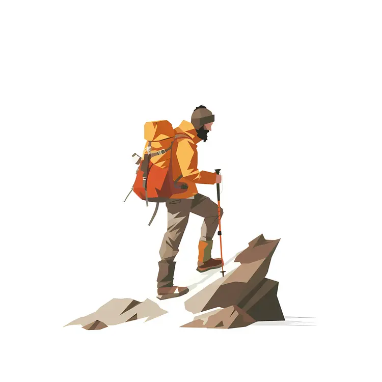 Hiker Climbing Rocks with Backpack and Trekking Poles