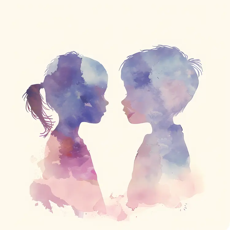 Watercolor Children Face to Face Silhouettes