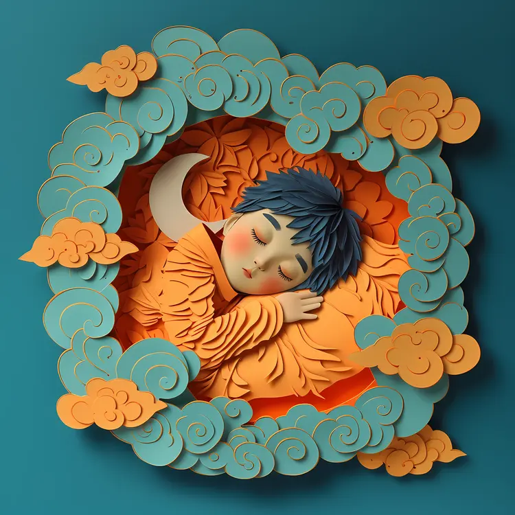 Sleeping Child with Blue Hair in Dreamy Clouds
