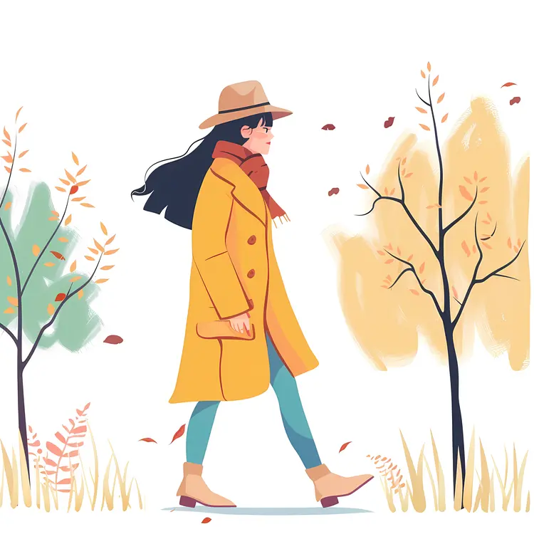 Woman Walking in Yellow Coat and Hat