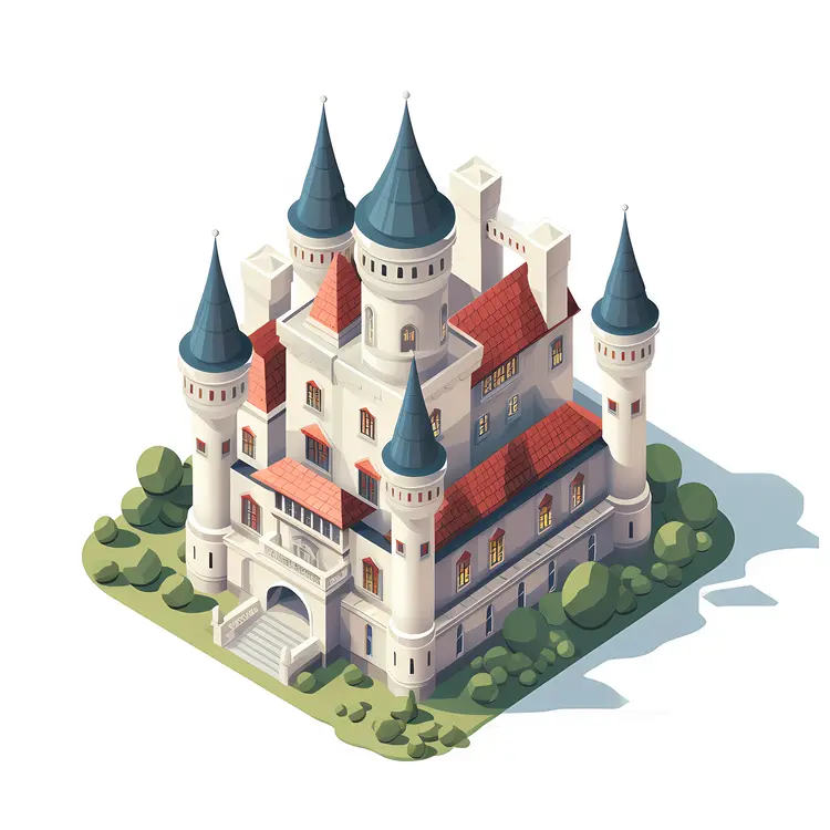 Medieval Castle with Red Roofs and Blue Towers