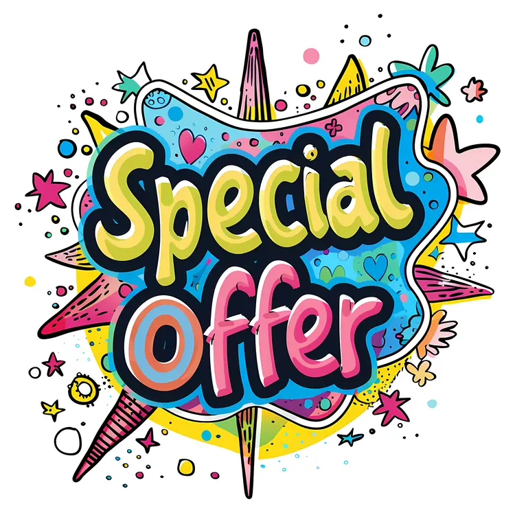 Vibrant Special Offer Text with Stars and Hearts
