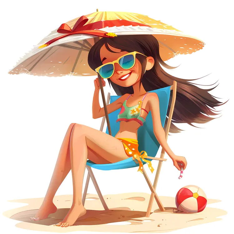 Girl Relaxing Under Umbrella at Beach