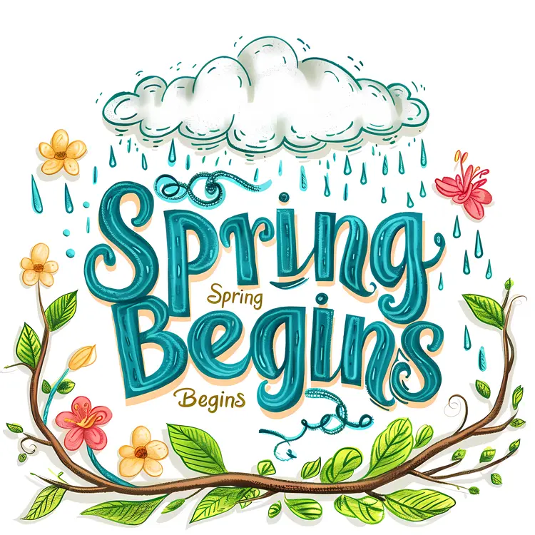 Spring Begins Text with Flowers and Cloud