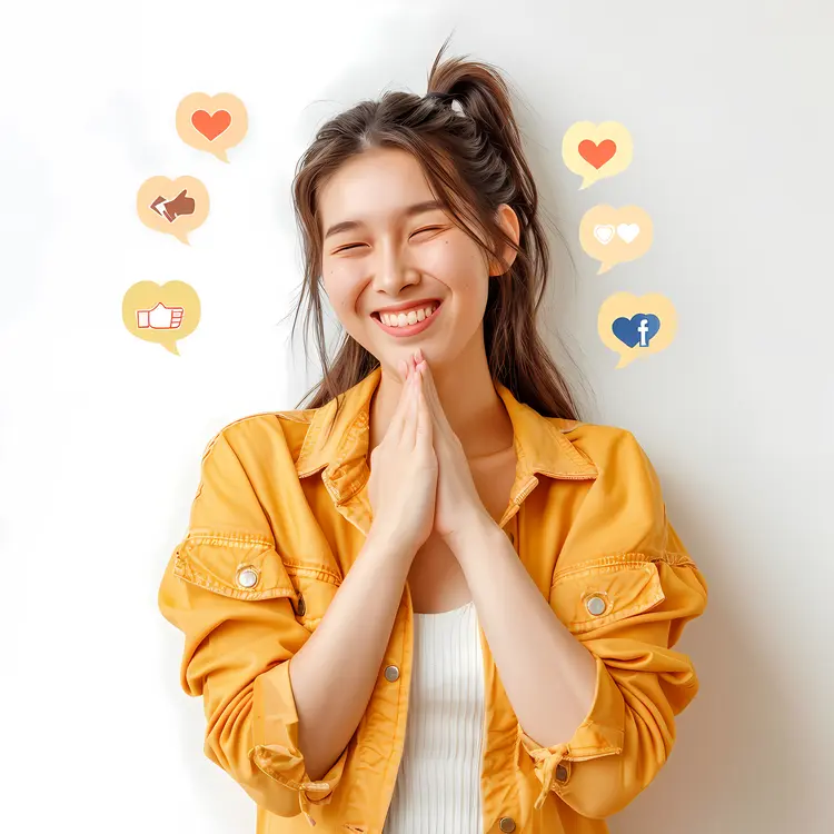 Girl Smiling at Phone with Social Media Icons