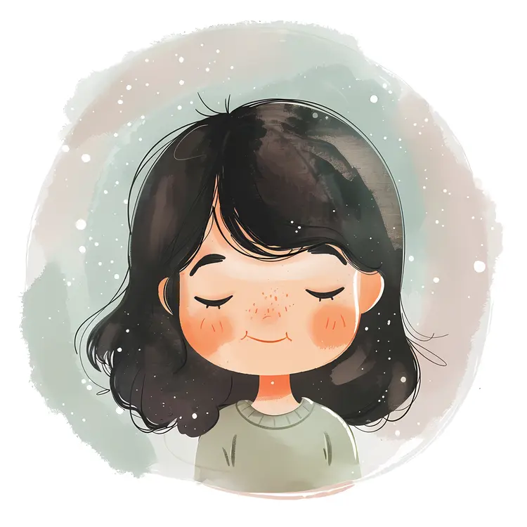 Cute Girl with Closed Eyes and Black Hair