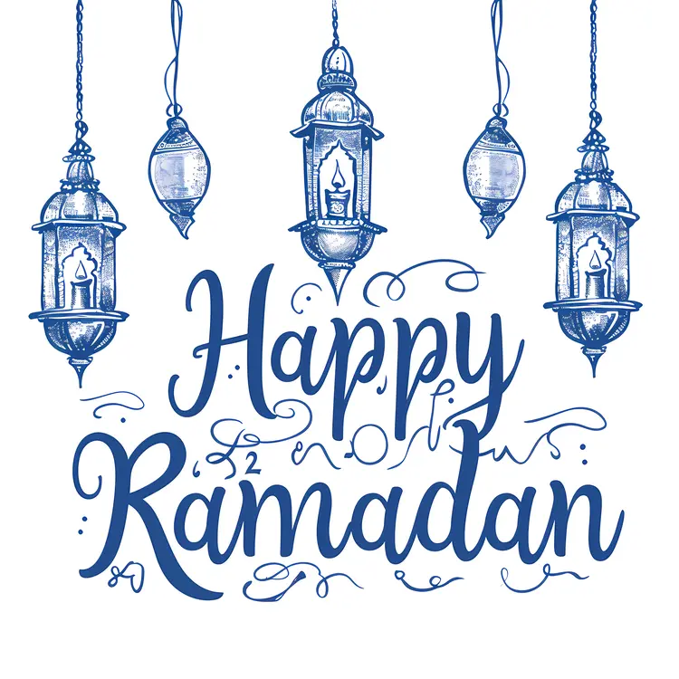 Blue Happy Ramadan Greeting with Lanterns