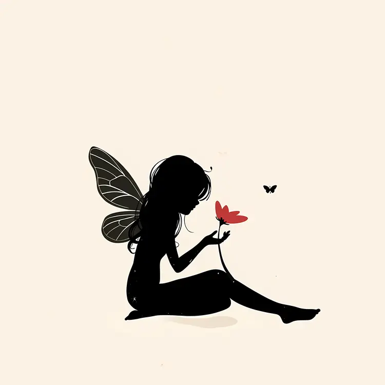 Black Silhouette Fairy with a Red Flower