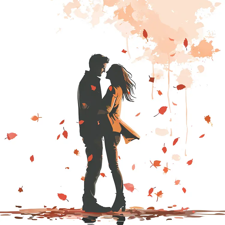 Couple in Autumn Leaves Silhouette