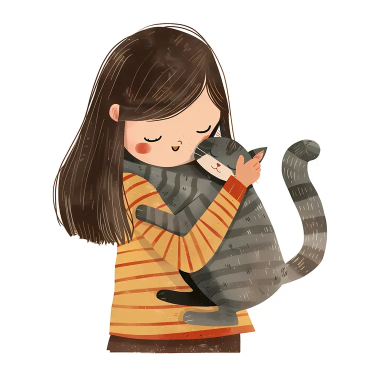 Girl Hugging Cat Illustration