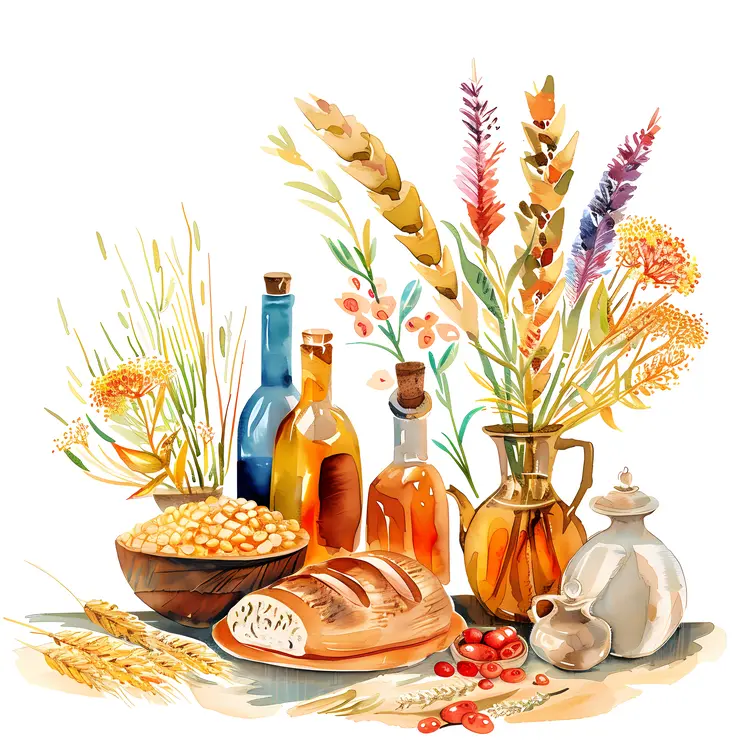 Harvest Still Life with Bread and Bottles