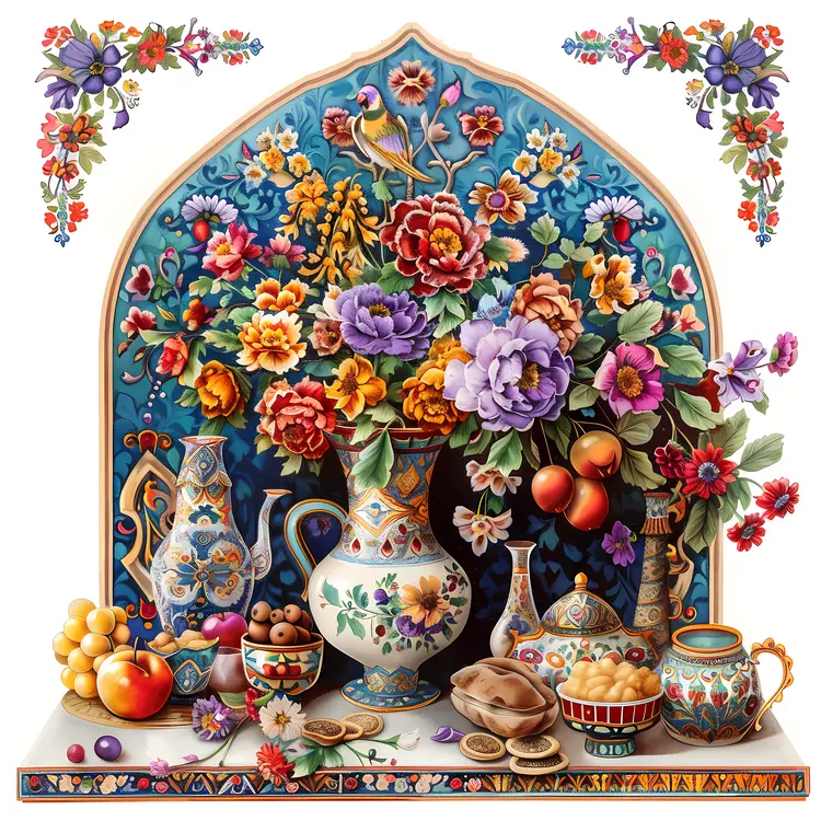 Ornate Decorative Vases with Flowers and Fruits