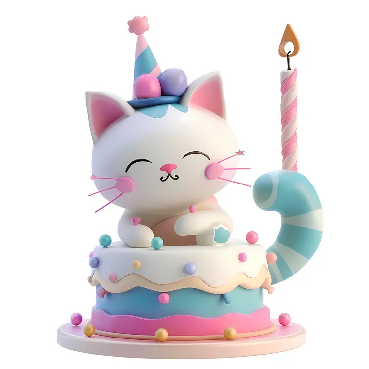Cute Cat Celebrating Birthday with Cake