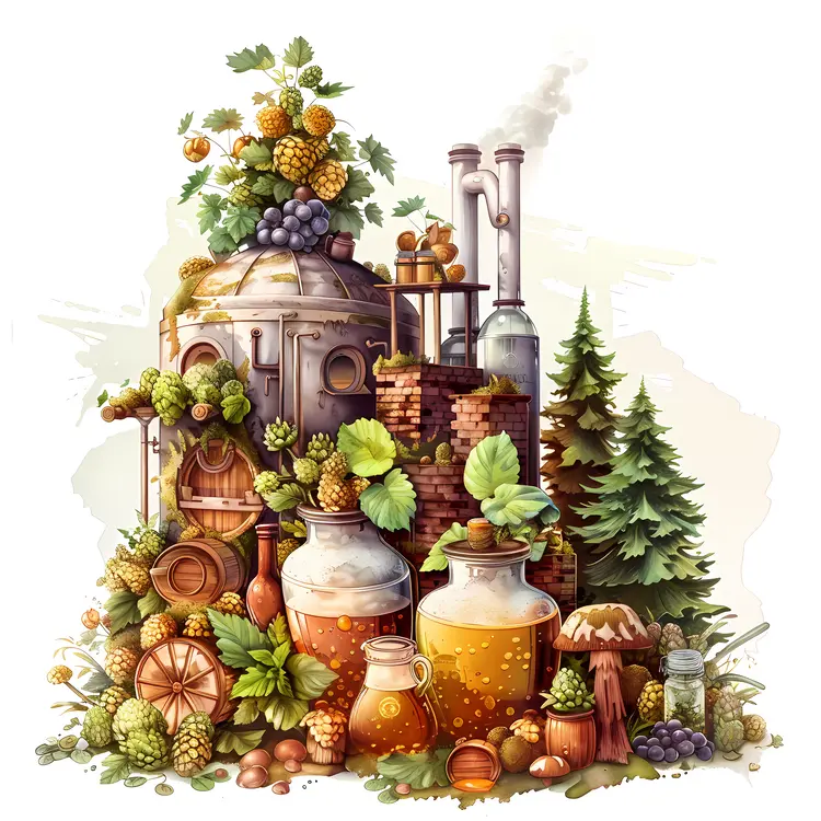 Brewery Equipment with Hops and Barrels