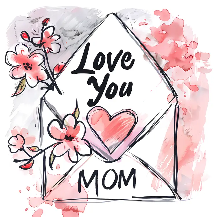 Love You Mom Text with Envelope and Flowers