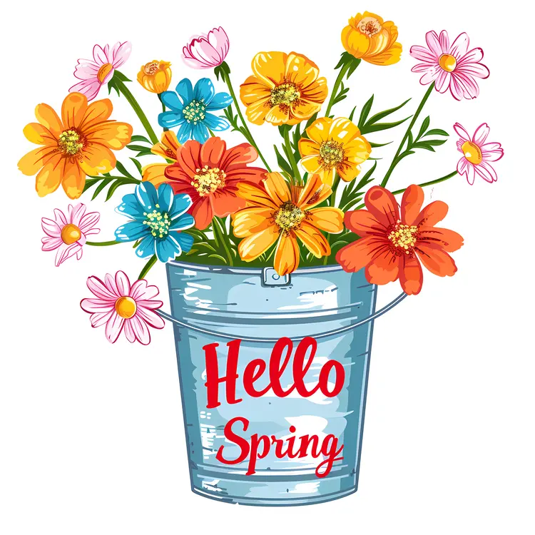 Vibrant Spring Flowers in a Blue Bucket