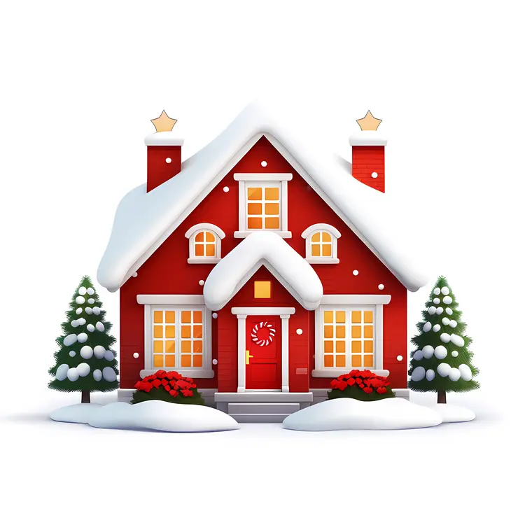 Snowy Red House with Christmas Trees