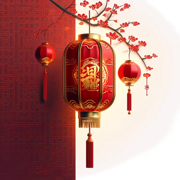Traditional Red Lantern with Cherry Blossoms