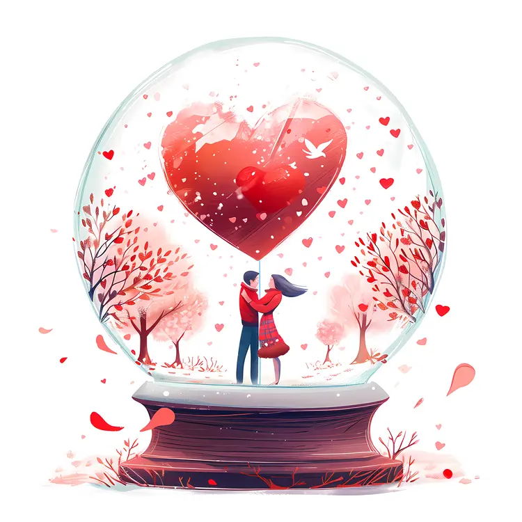 Heart snow globe with couple in love