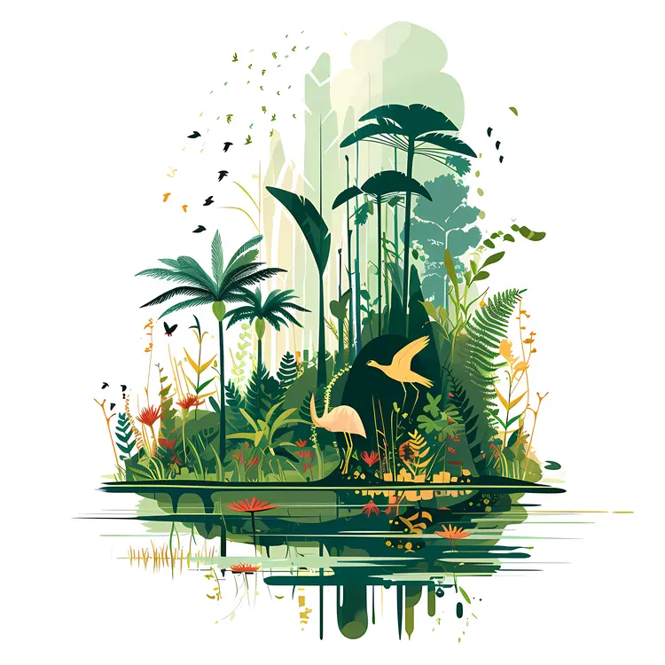Lush Lake with Birds and Plants
