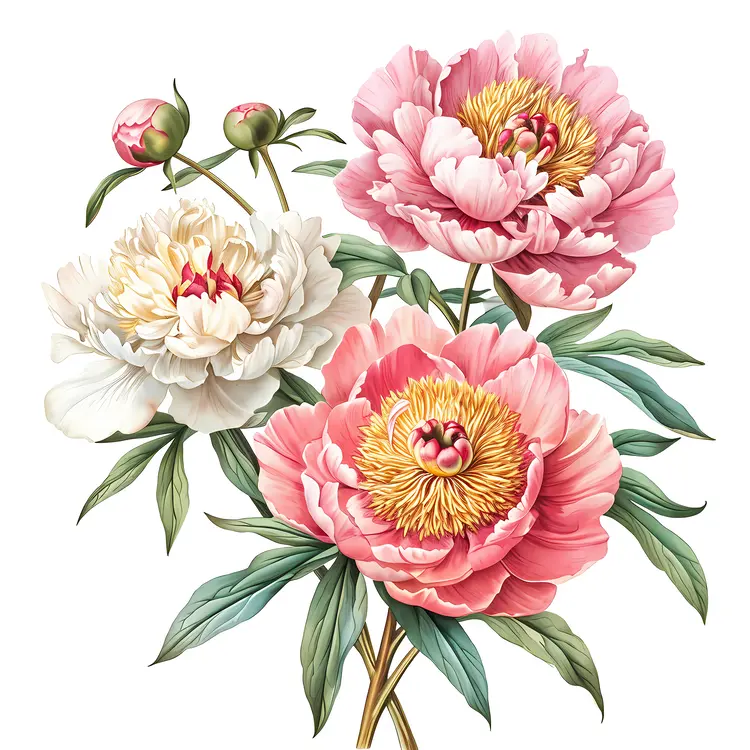 Pink and White Peonies with Green Leaves and Buds