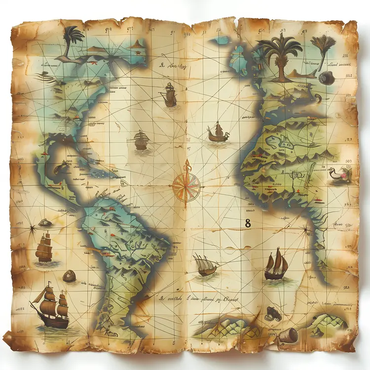 Old Treasure Map with Ships and Islands