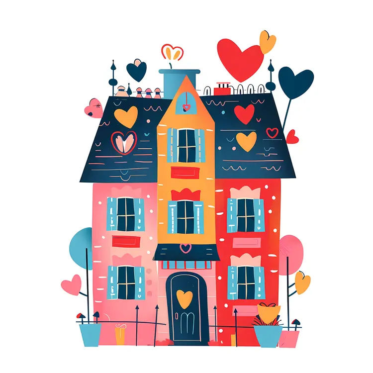 Small Cute Doodle House with Colorful Hearts
