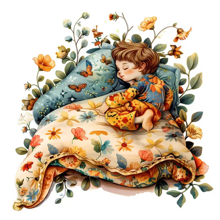 Child Sleeping in a Floral Bed