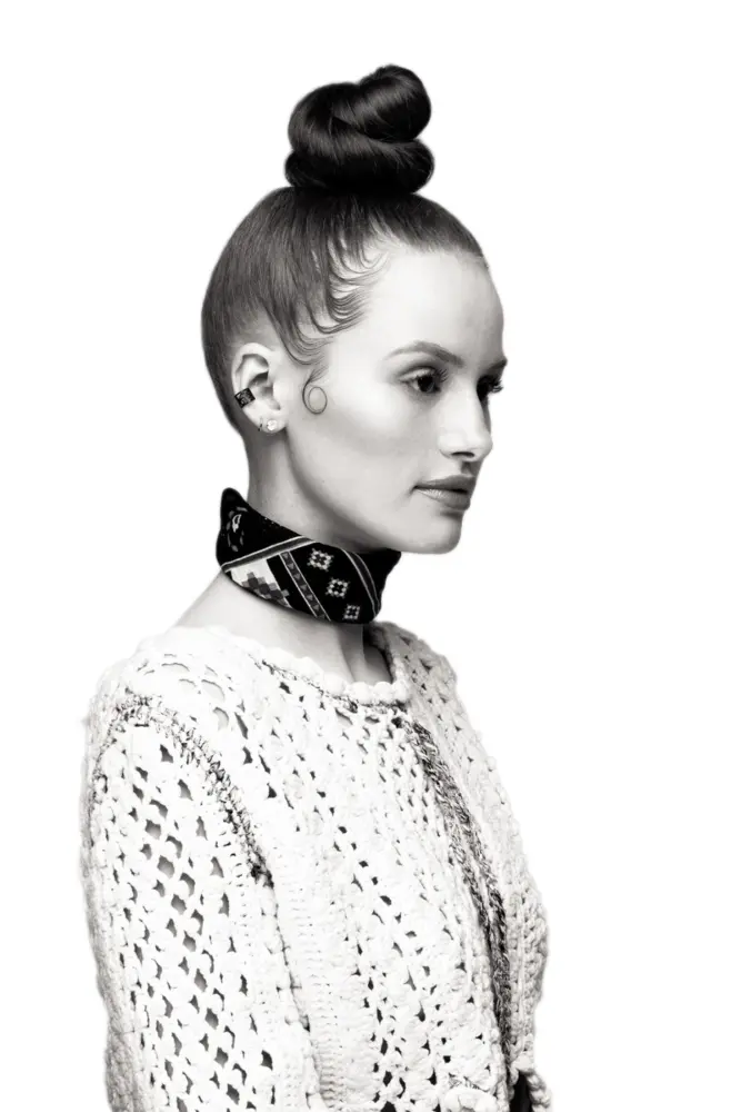 Black and White Portrait of Woman with Bun Hairstyle