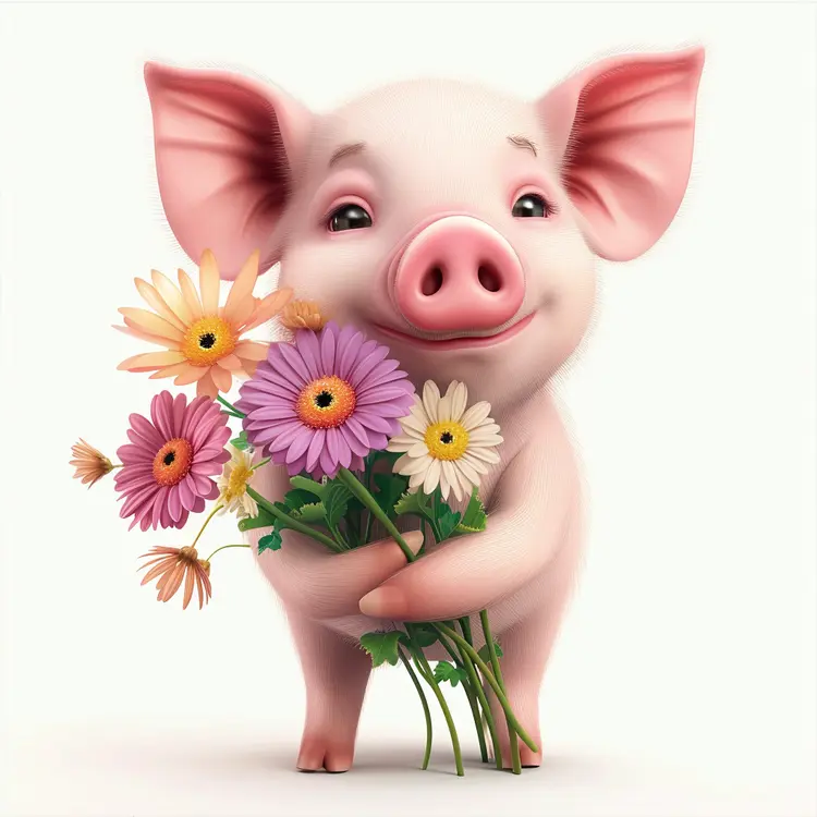 Happy Piglet Holding Flowers