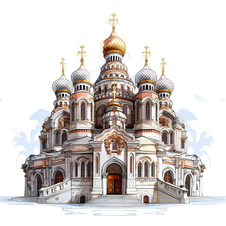 Snowy Russian Orthodox Church with Multiple Domes