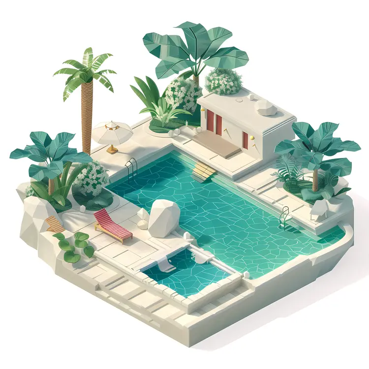 Tropical Pool with Palm Trees and House