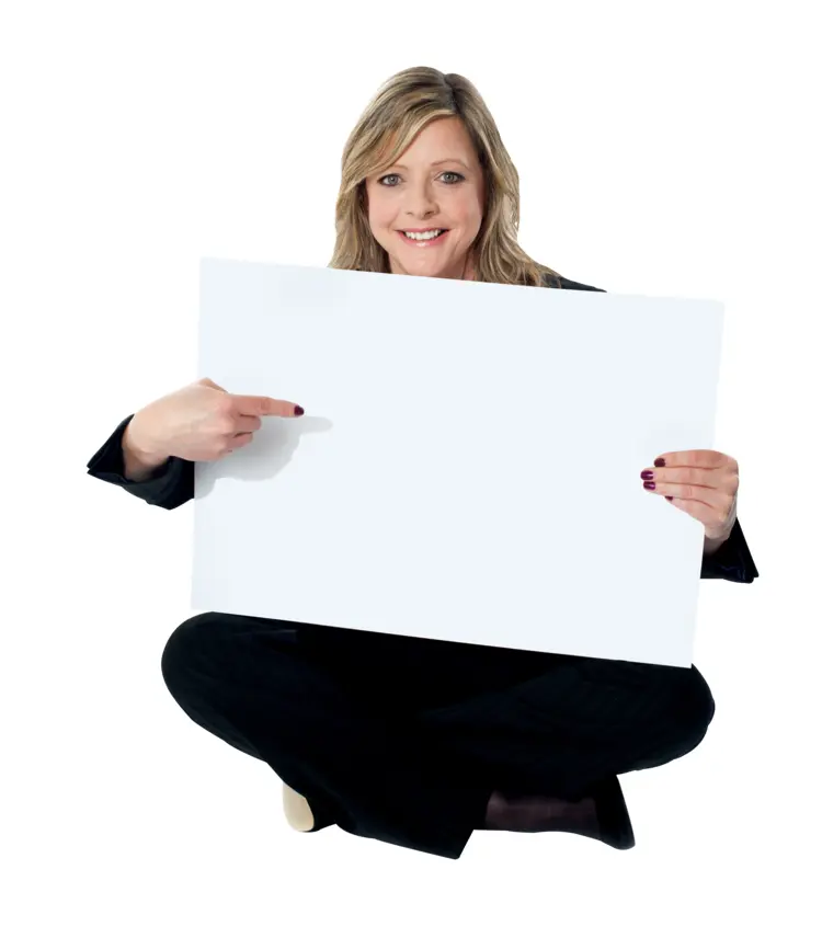 Woman Holding Blank Sign Sitting