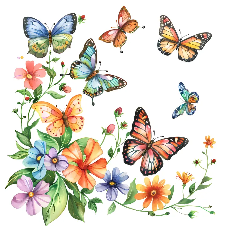 Butterflies and Colorful Garden Flowers